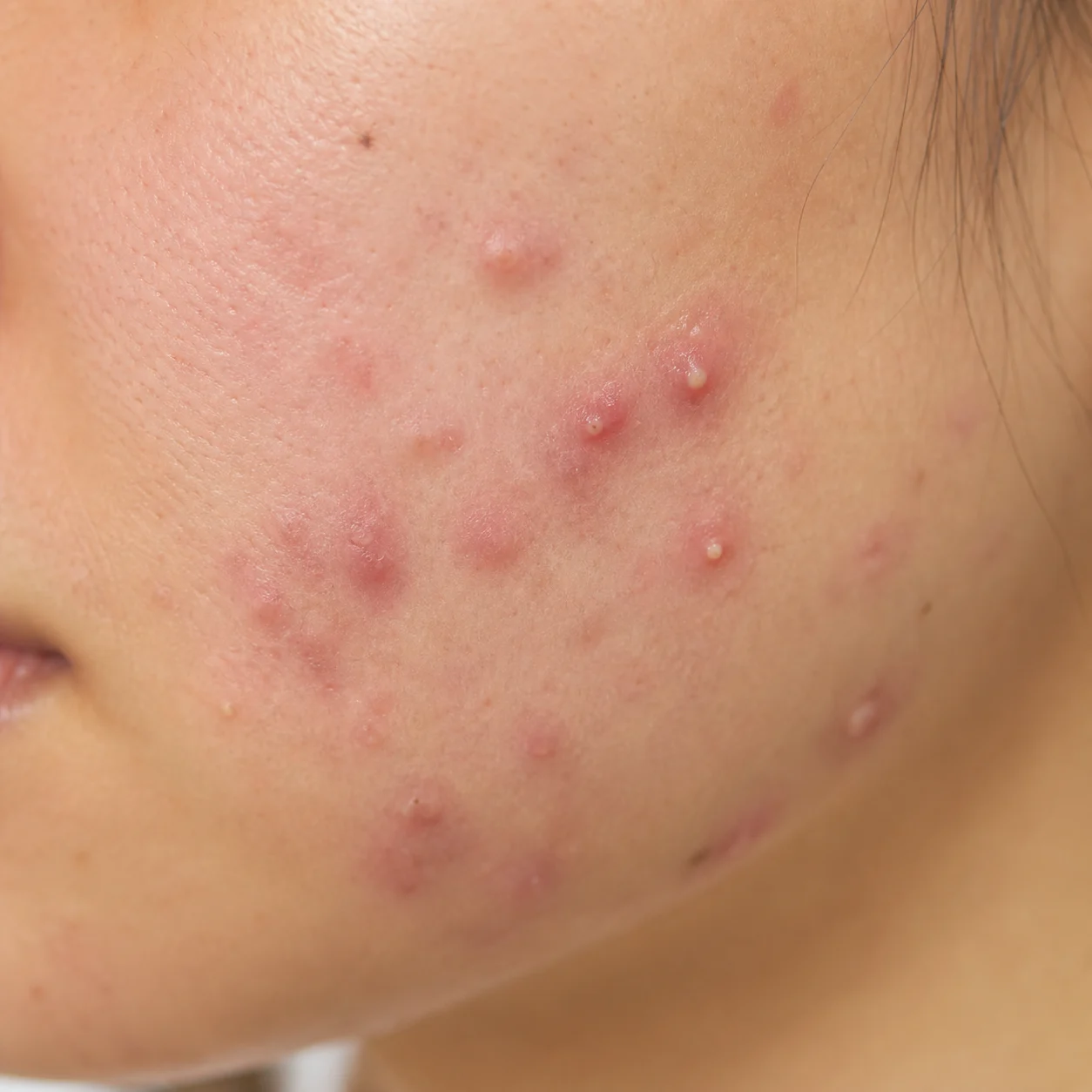 Suppurative acne with red, swollen papules and pustules