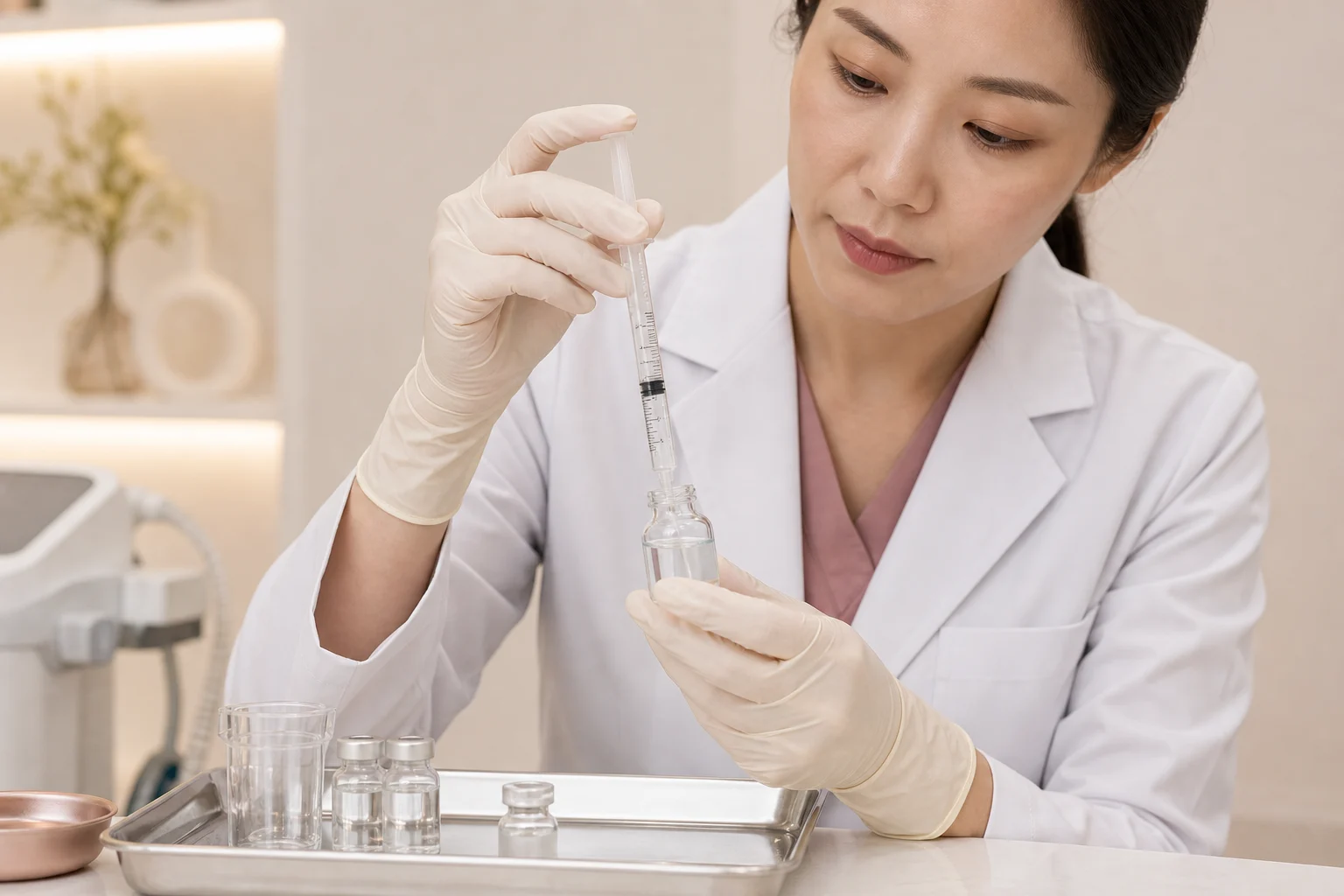 医护人员用注射器与药瓶测量精确剂量与稀释比例的示意