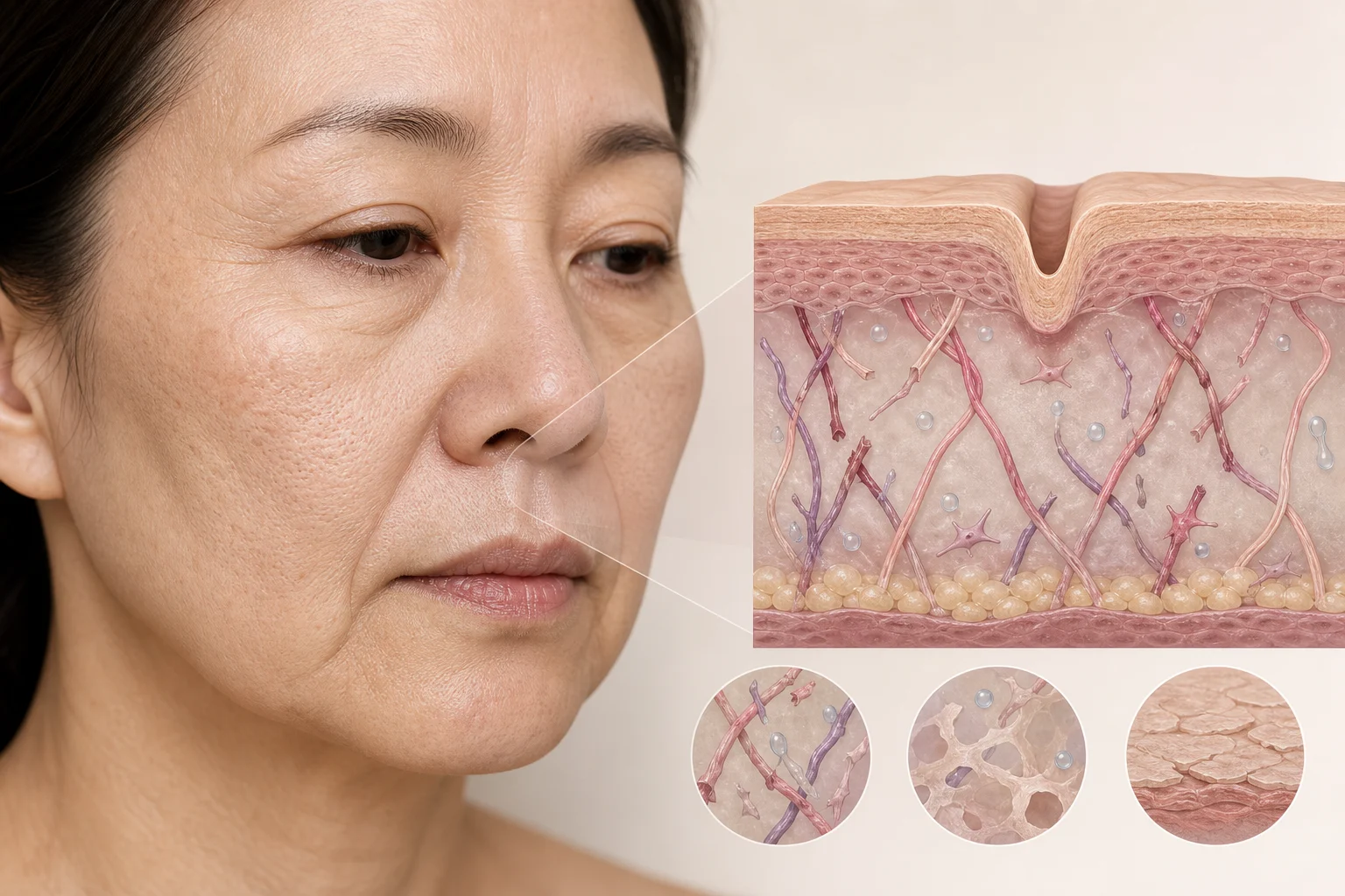 Dermis losing collagen and moisture matrix, leading to reduced firmness and pore problems