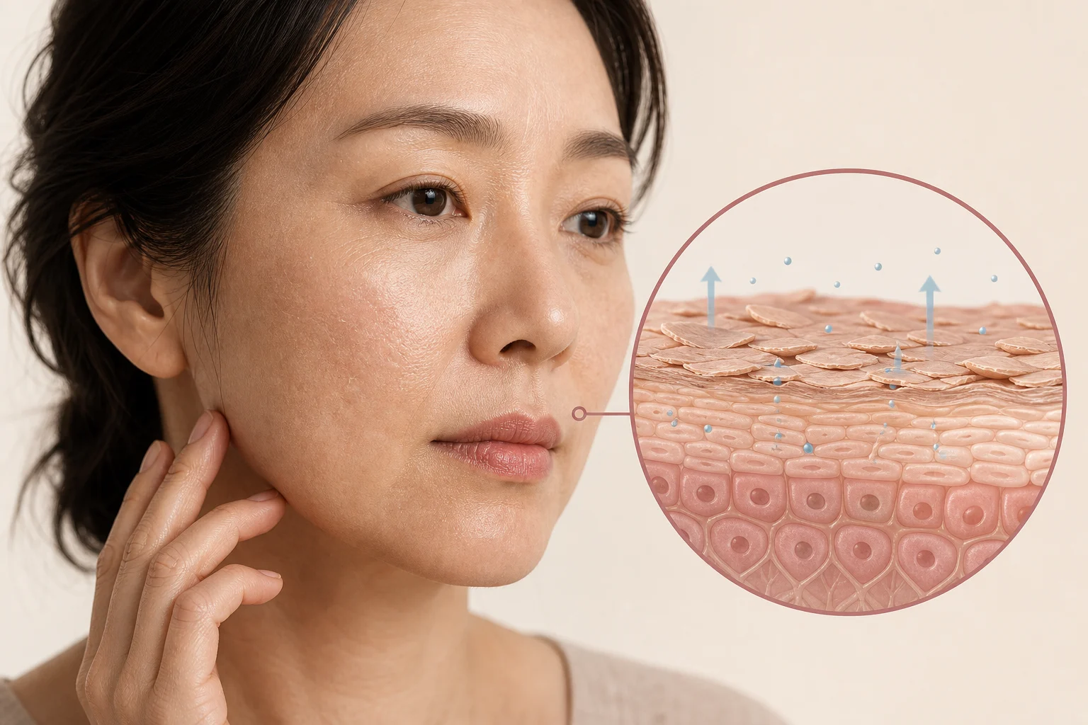 Epidermis losing moisture, showing dryness, fine lines and rough skin texture