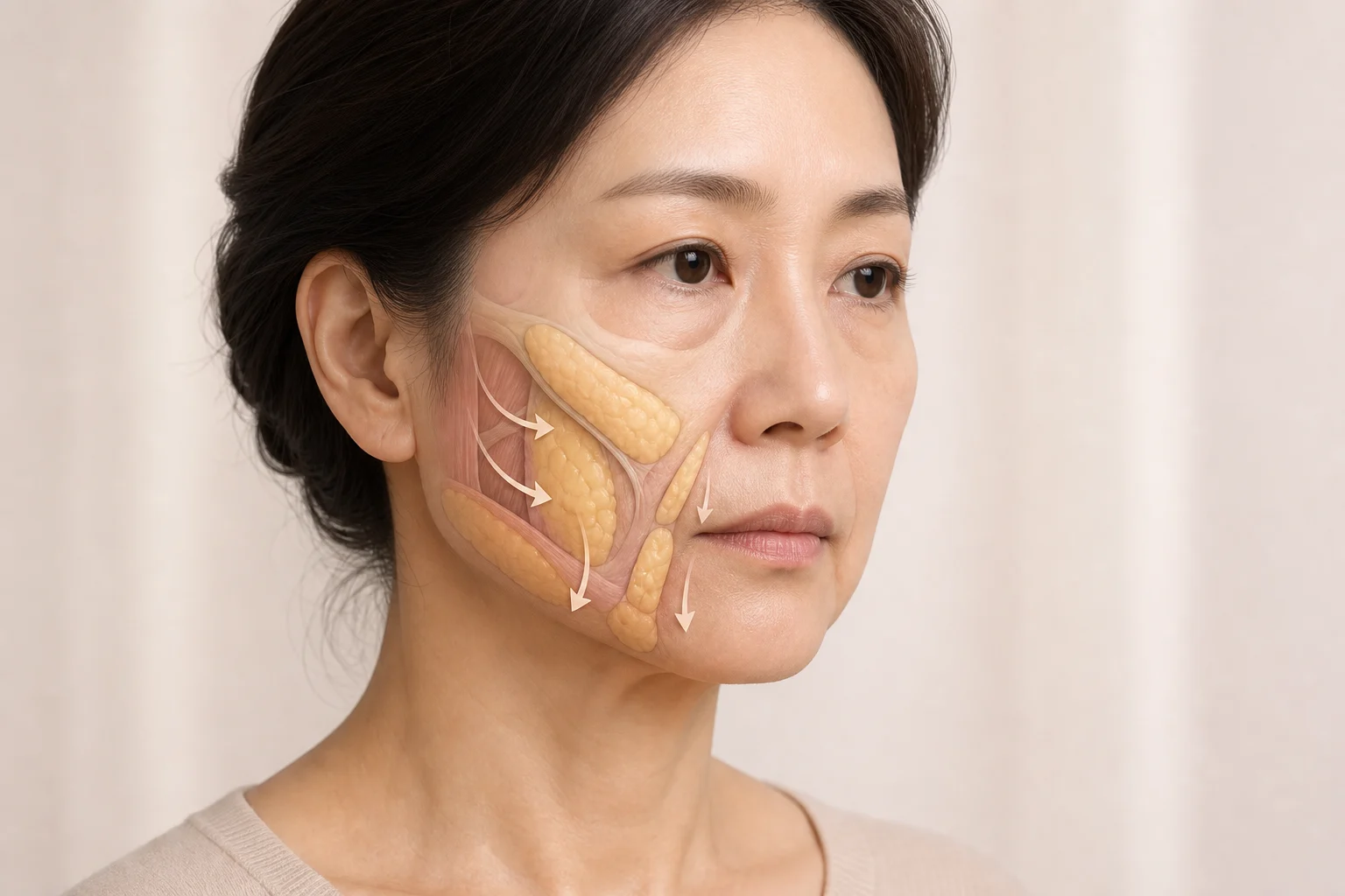 Facial fat pads deflating or shifting downward, causing hollow cheeks and nasolabial folds