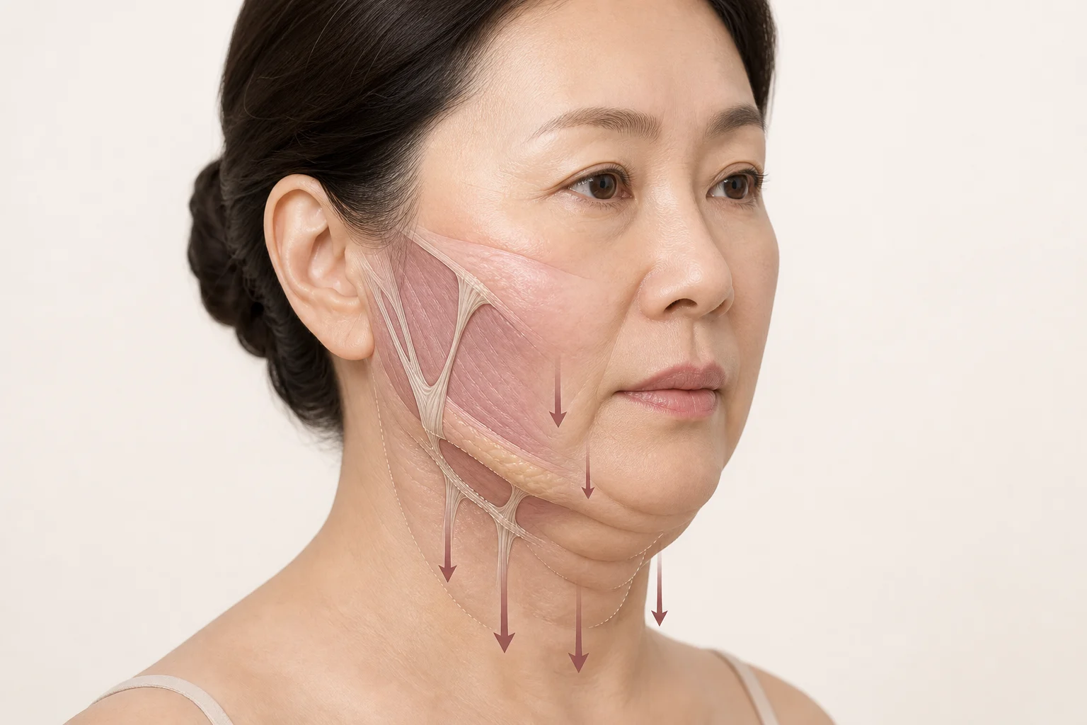 SMAS layer and retaining ligaments loosening, causing facial sagging, a double chin and contour changes