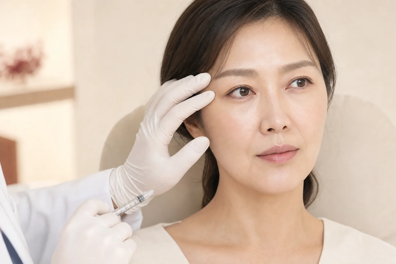 피부과 전문의가 얼굴 근육과 피부 상태를 살피며 보톡스 시술을 설계하는 상담 장면