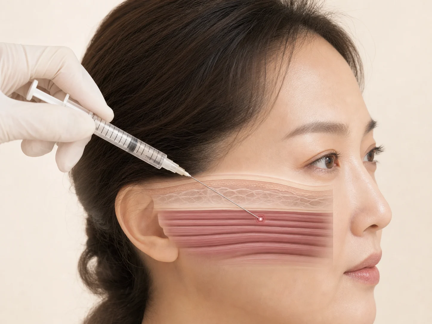 보톡스를 얼굴 근육층에 정밀하게 주입하는 피부 단면 비교 이미지