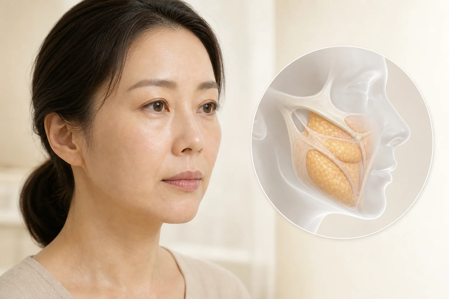 얼굴 지방 패드가 꺼지거나 아래로 이동해 볼꺼짐과 팔자주름이 나타나는 모습