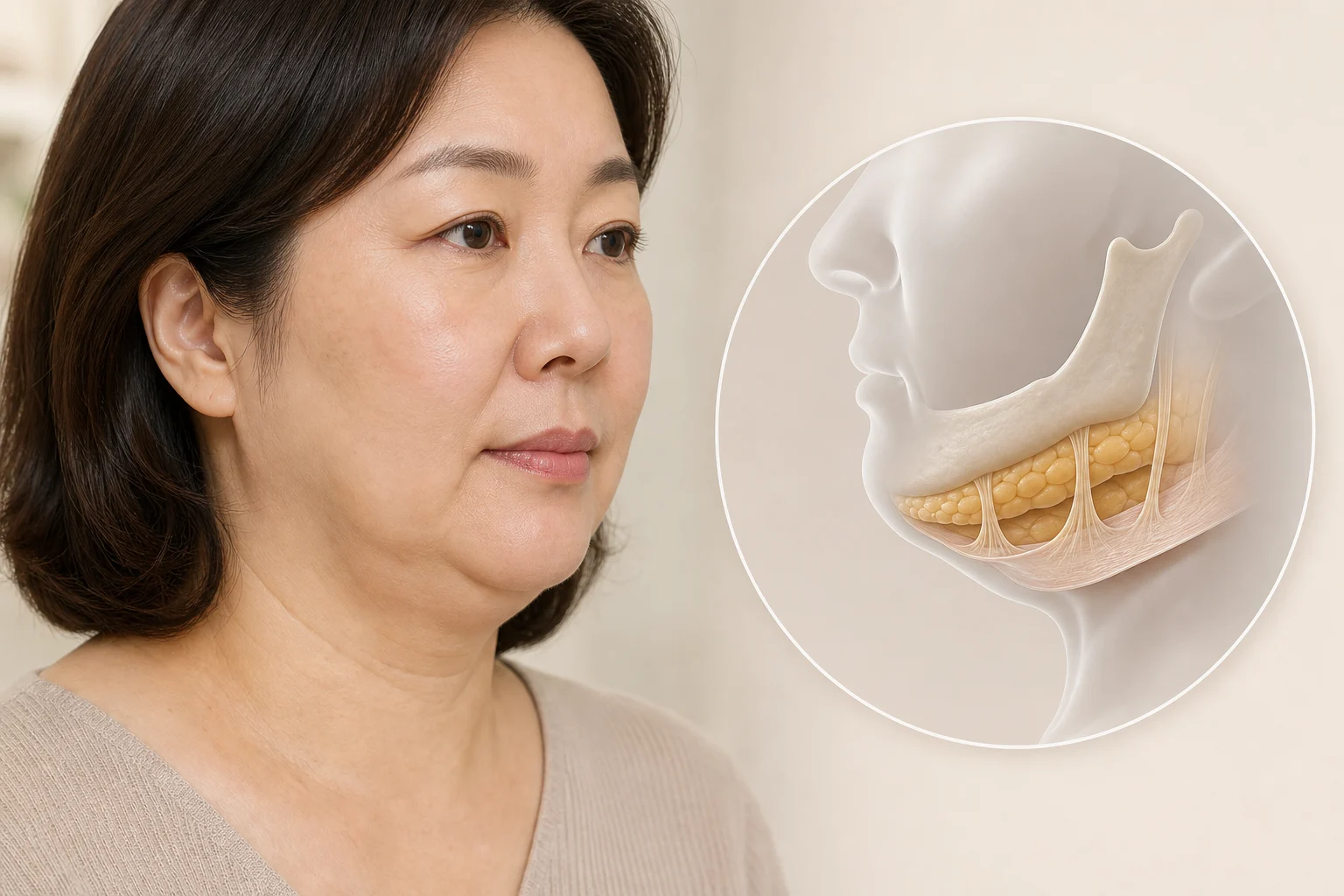 근막층과 유지인대가 느슨해져 얼굴 처짐과 이중턱, 윤곽 변화가 나타나는 모습
