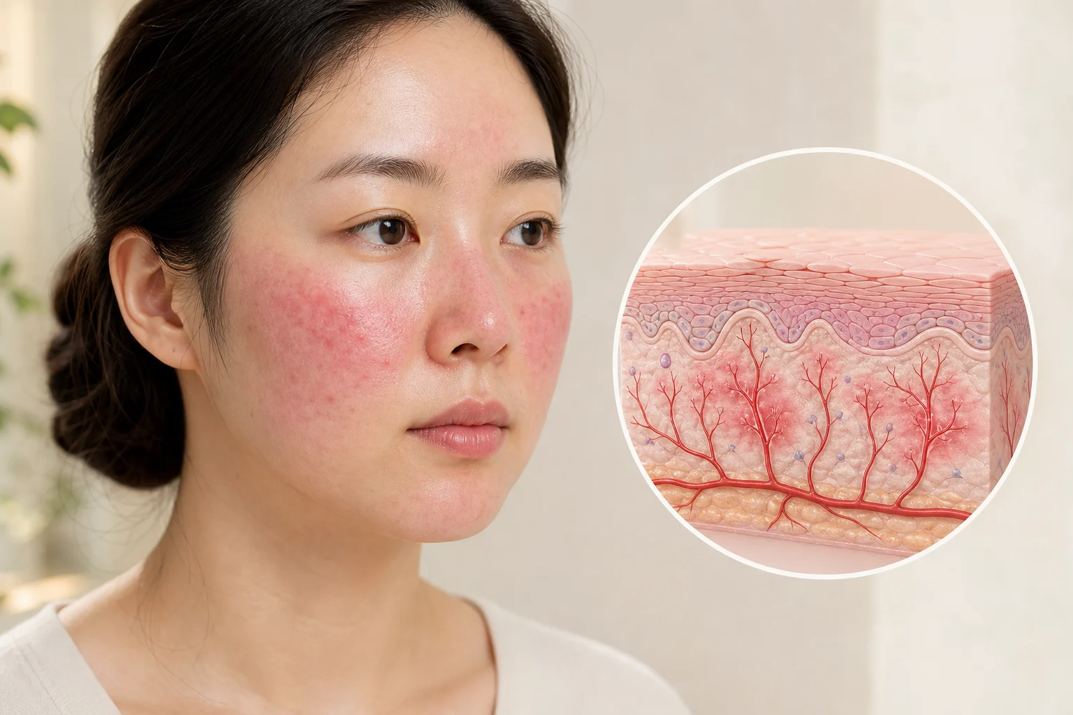 주사피부염의 모세혈관 확장과 염증 반응을 피부 단면으로 보여주는 이미지