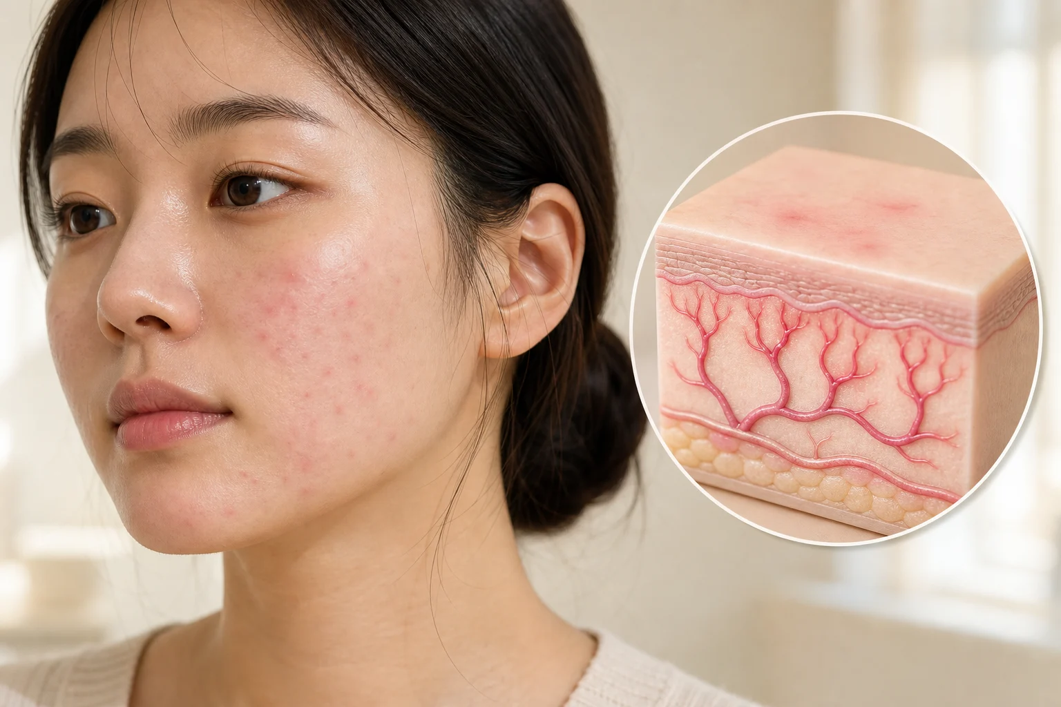 여드름 뒤 남은 붉은자국 PIE와 표재성 혈관 확장을 보여주는 이미지