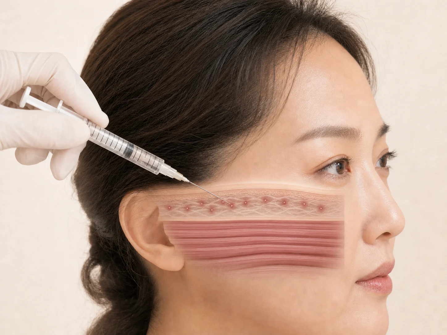 스킨보톡스를 피부 얕은 진피층 여러 지점에 나누어 주입하는 피부 단면 비교 이미지