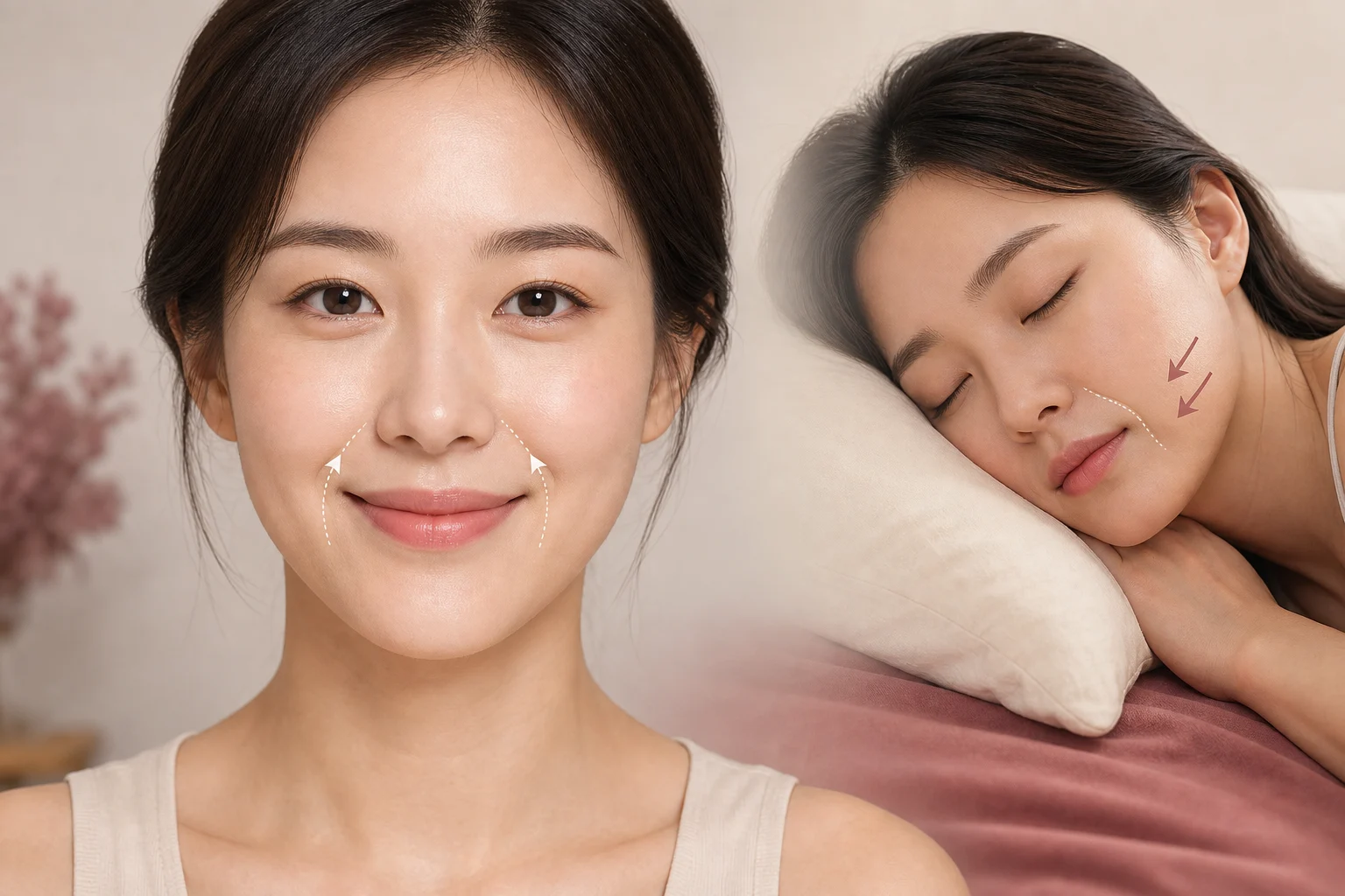 반복되는 웃는 표정과 옆으로 자는 자세가 팔자주름에 영향을 주는 모습