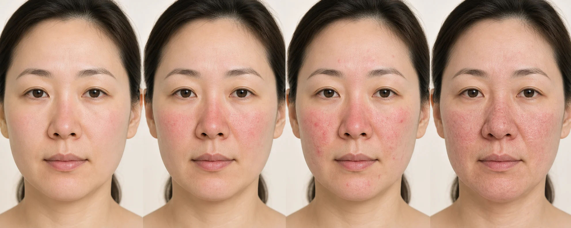 一時的な赤ら顔から血管拡張、炎症性丘疹、肥大性変化まで、酒さの進行段階を一枚で表したイメージ