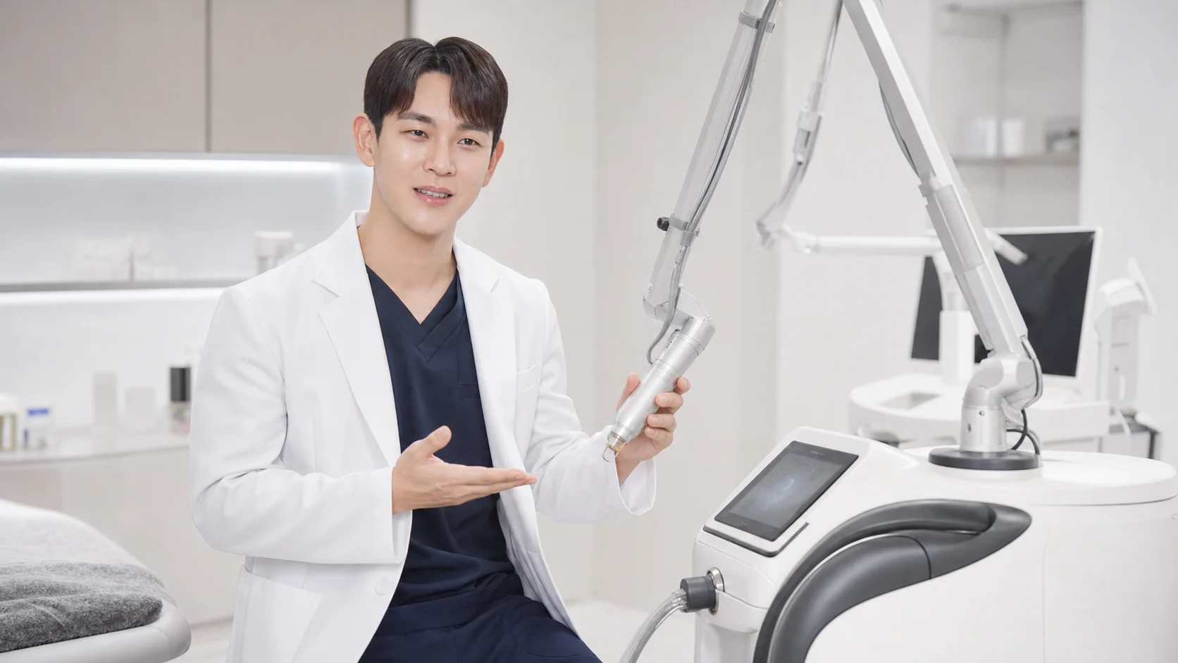 권형일 원장이 시술실에서 리프팅 장비의 핸드피스를 들고 시술 설계를 설명하는 모습