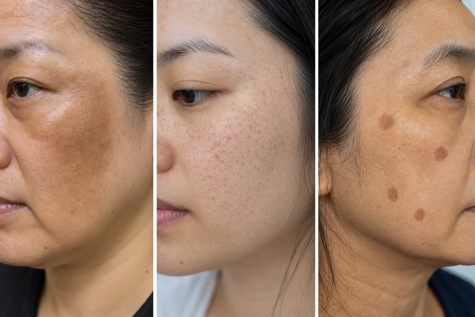 서로 다른 세 여성의 뺨을 나란히 비교한 임상 사진 - 왼쪽은 광대에 번진 갈색 기미, 가운데는 작은 갈색 점이 흩어진 잡티, 오른쪽은 경계가 뚜렷한 큰 납작 반점인 흑자