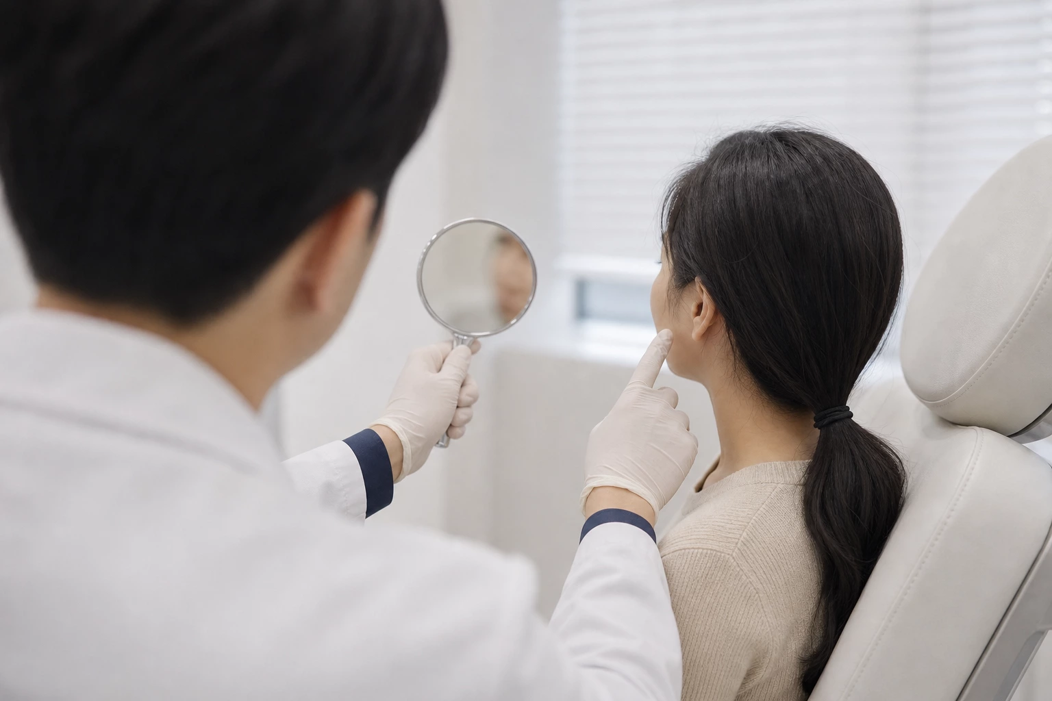 의사 어깨 너머로 본, 장갑 낀 손이 손거울을 들어 환자에게 볼 부위를 가리키며 설명하는 모습