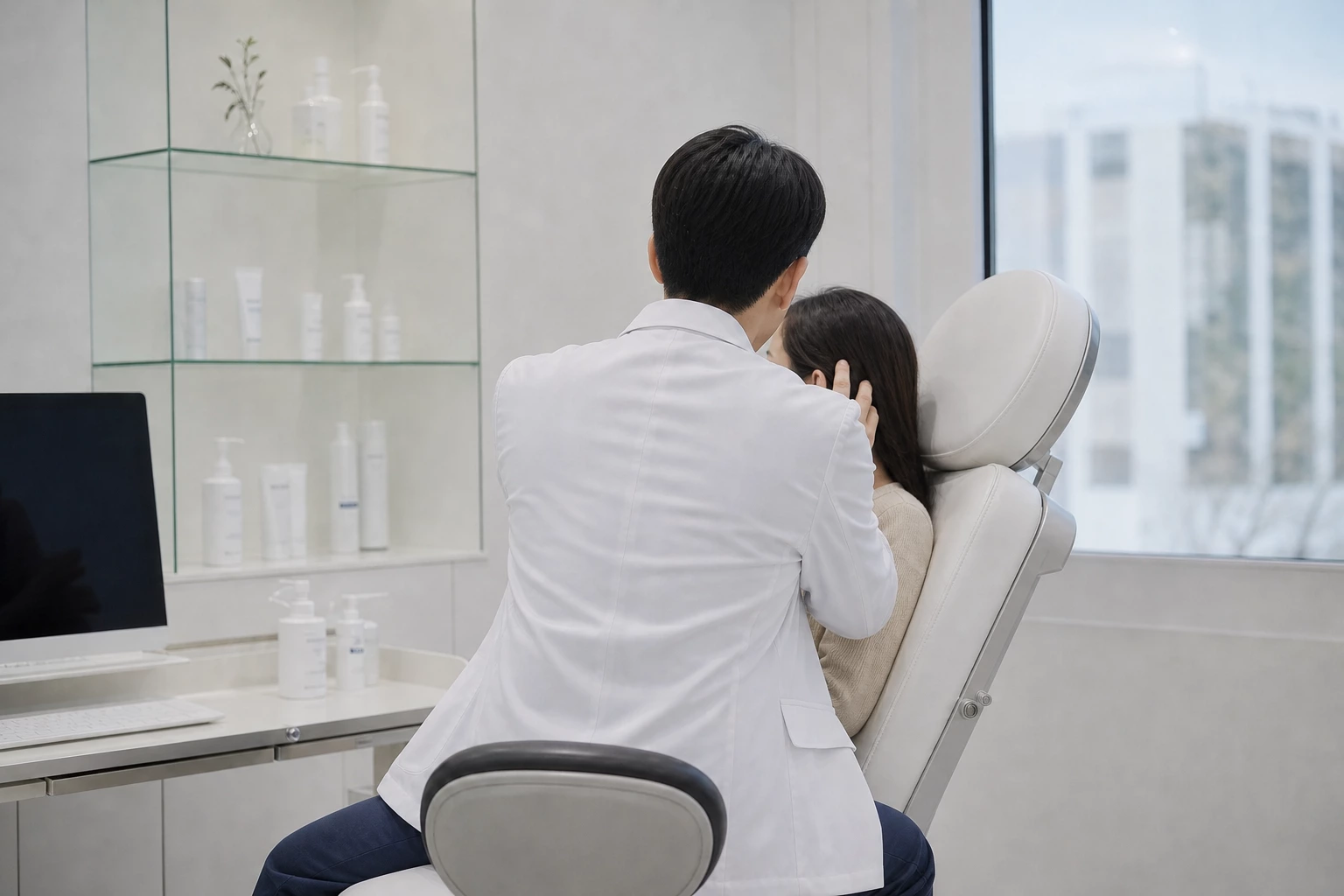 피부과 의사가 진료 의자의 환자 턱 양쪽을 두 손으로 짚어 턱 근육의 두께를 확인하는 진찰 장면