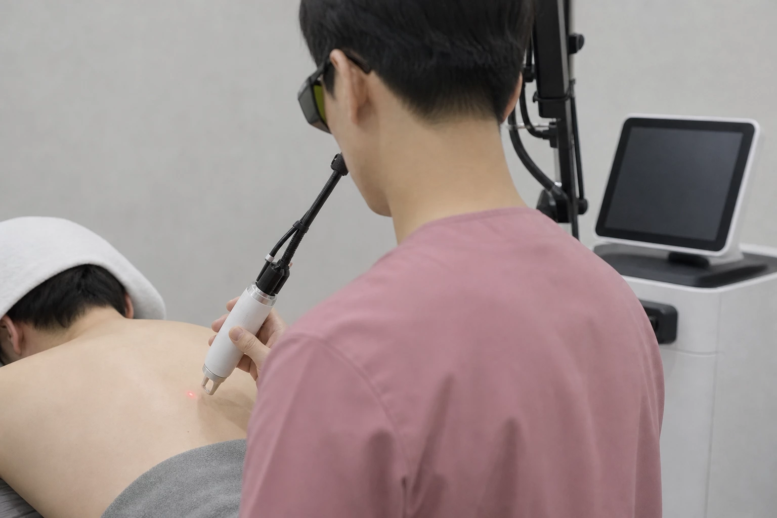 보호 고글을 쓴 의사가 엎드린 환자의 등에 난 빨간 점에 레이저 핸드피스를 대는 뒷모습