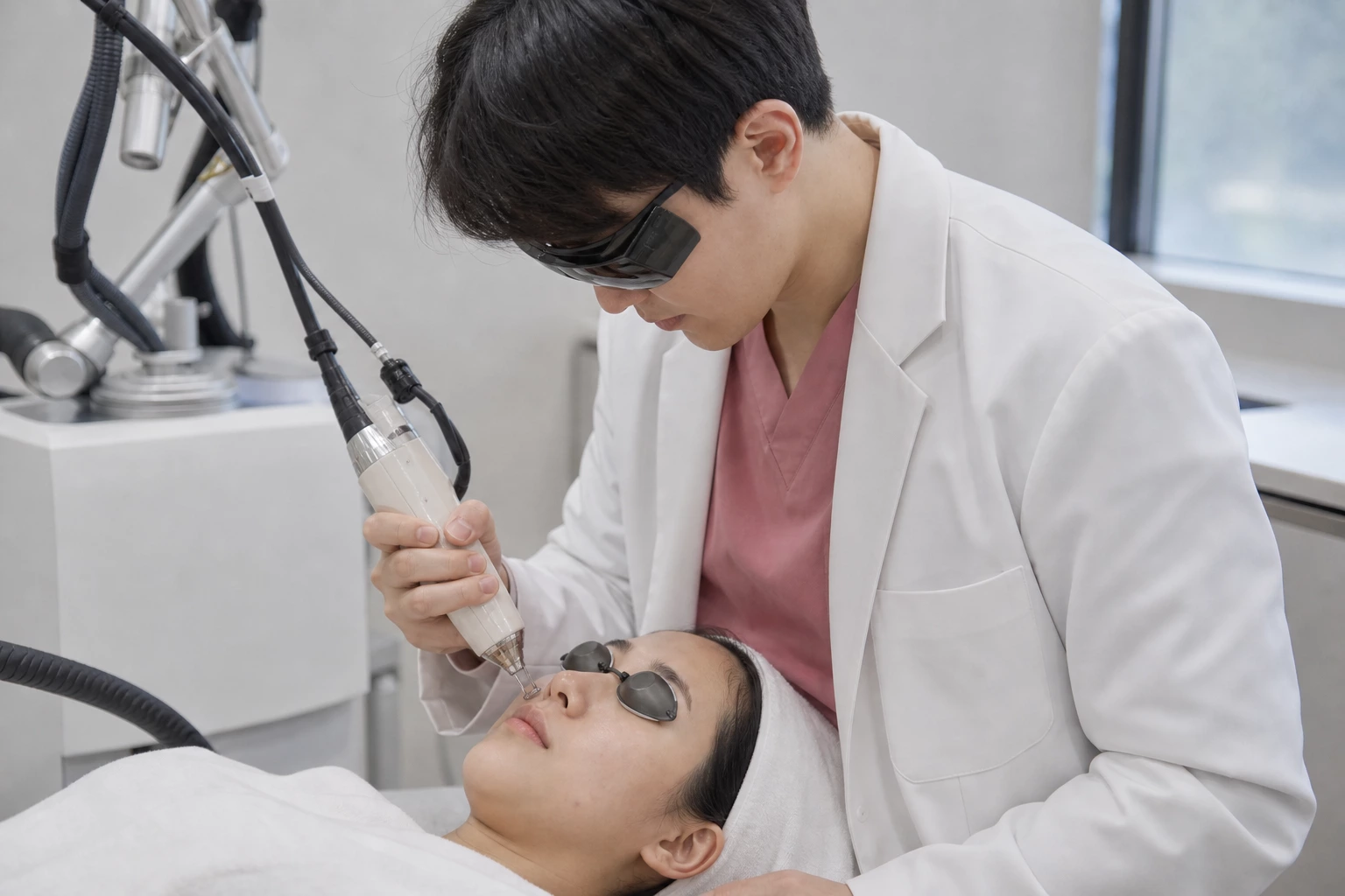 보호 고글을 쓴 피부과 의사가 보호 안경을 낀 환자의 코 옆에 레이저 핸드피스를 대고 시술하는 모습