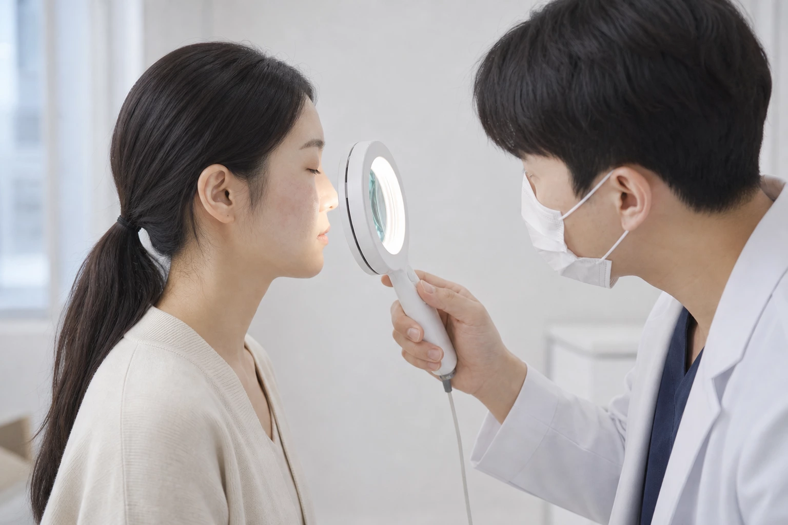 마스크를 쓴 피부과 의사가 조명 확대경으로 환자의 볼 실핏줄을 가까이 살피는 진찰 모습