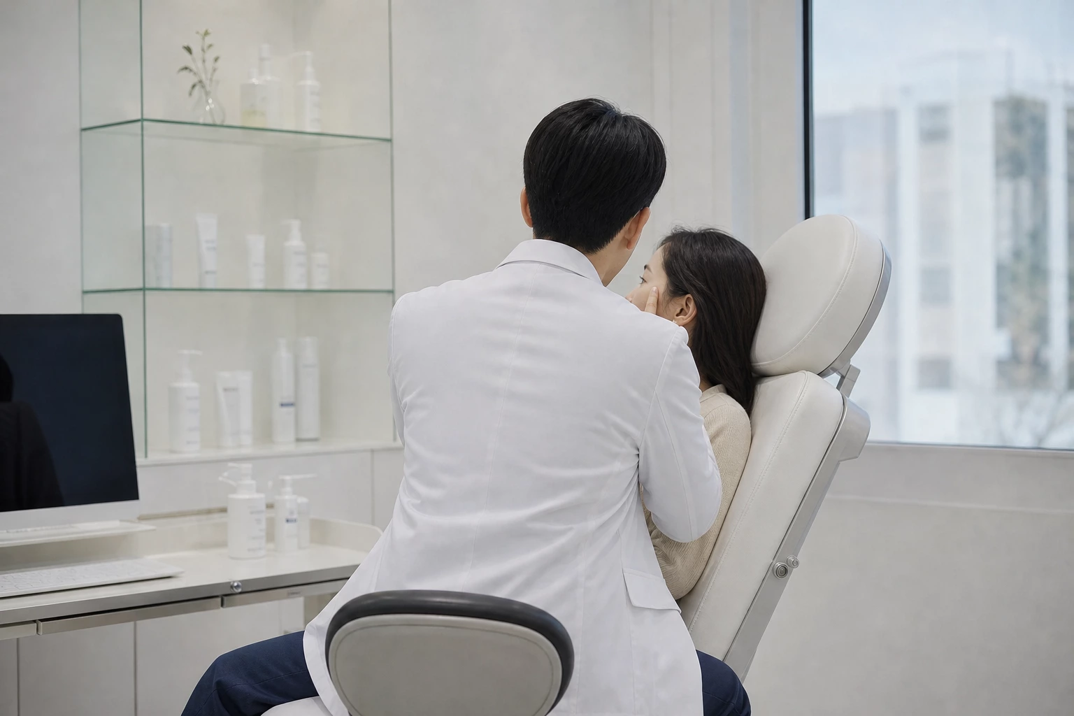 피부과 의사가 등을 보인 채 진료 의자의 환자 눈 밑 피부를 손끝으로 짚어 잔주름을 진찰하는 모습