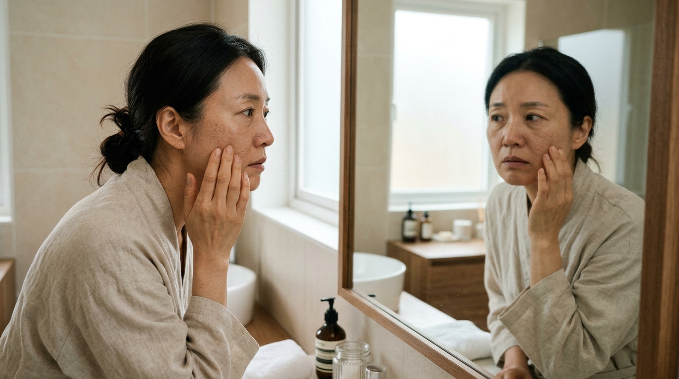 40대 피부 고민을 거울 앞에서 점검하는 여성